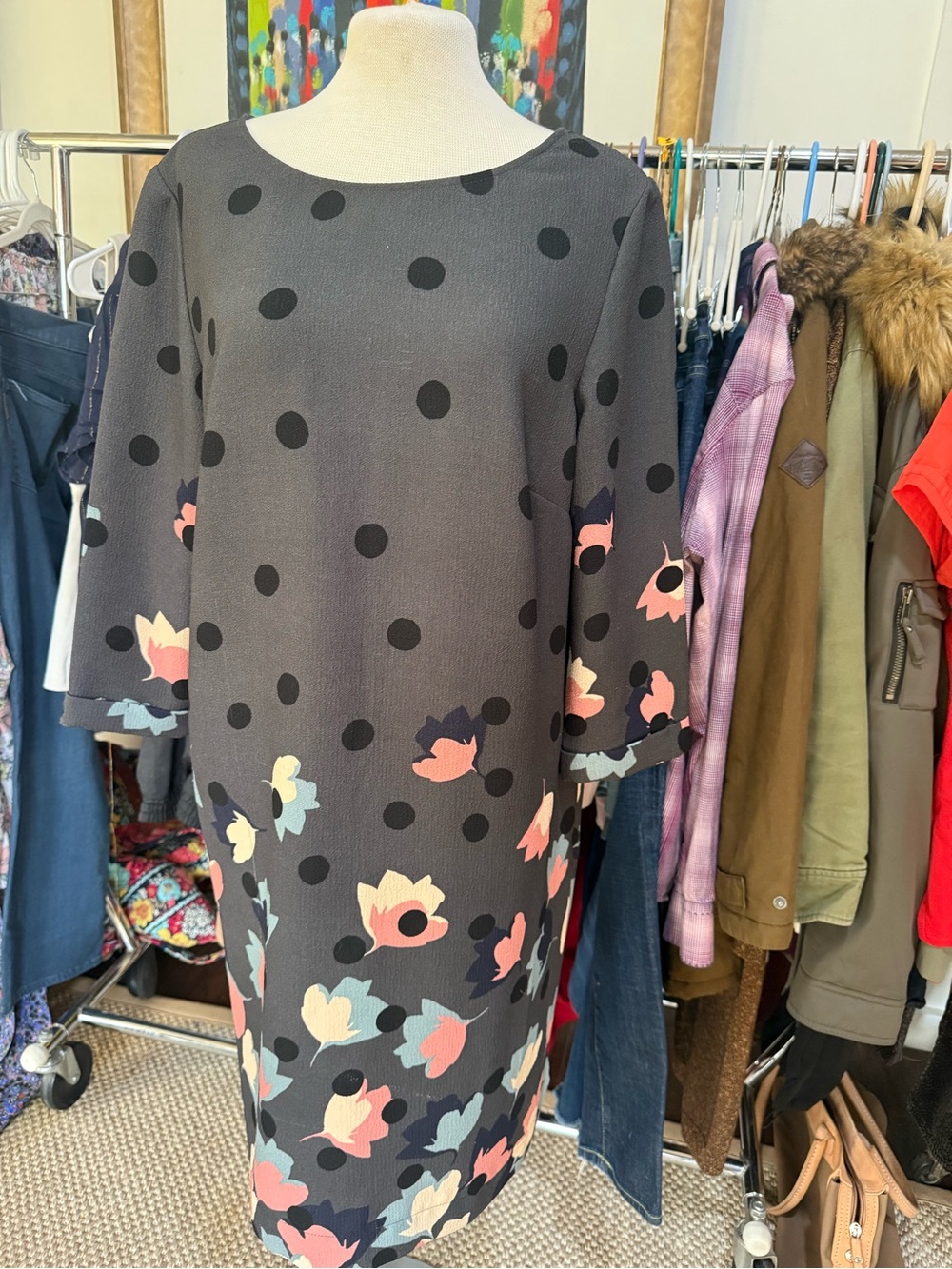 Boden Rachel Polka Dot Midi Dress with Pink & Cream Floral Accents